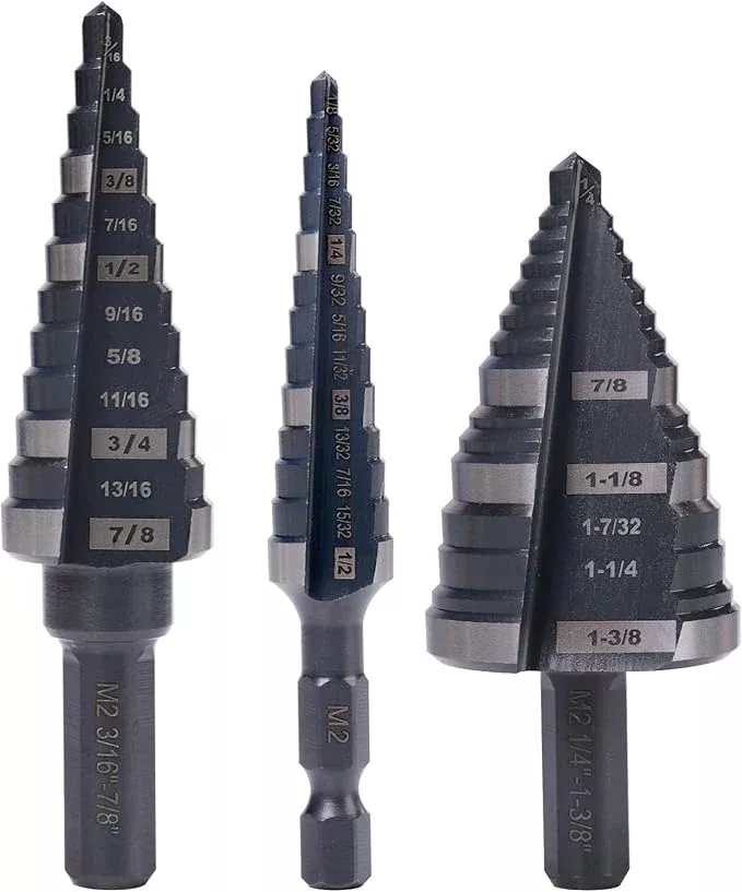 1/2", 7/8" & 1-3/8" Step Drill Bit Set, Straight Grooved Double Fluted M2 High Speed Steel Drill bits for Hole Drilling in Stainless Steel, Copper, Aluminum, Wood,Plastic