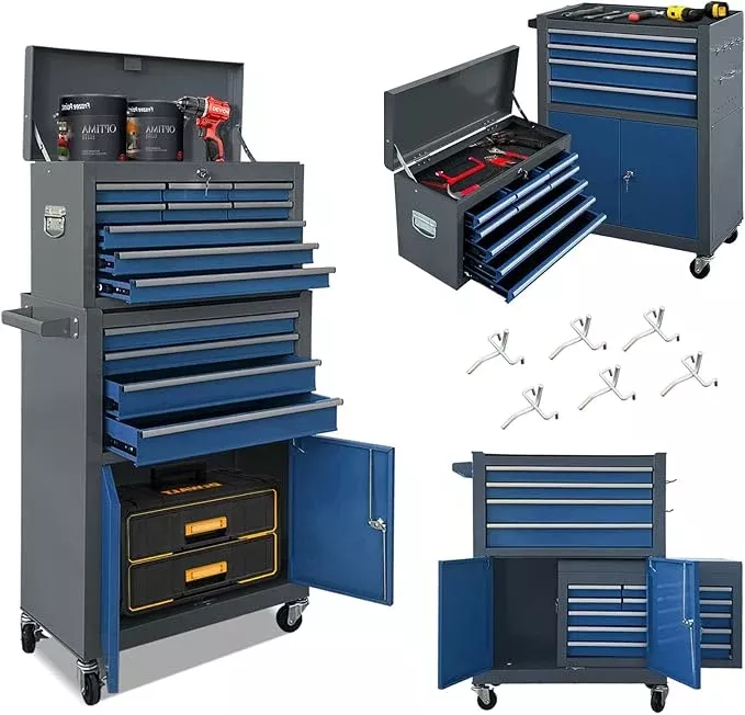 13-Drawer Tool Chest with Double Door and Wheels, Large Detachable Tool Box with Sliding Drawers, Mechanic Toolbox Storage Cabinets, Metal Tool Cart for Garage Workshop (Blue)