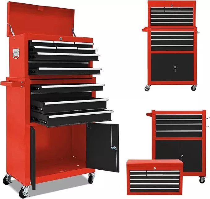 13-Drawer Tool Chest with Double Door and wheels, Large Detachable Toolbox with Sliding Drawers, Mechanic Tool Box Storage Cabinets, Metal Tool Cart for Garage Workshop (RED＆BLACK)
