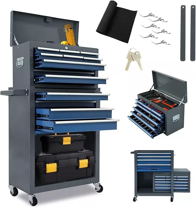 13 Drawers Tool Chest with Wheels,Large Capacity Tool Storage Cabinet with Removable Top Toolbox, Locking Mechanical Tool Cart with Liner,Suitable for Garages, Warehouses-Blue