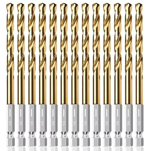 13PC 1/4" Titanium Coated Twist Hex Shank Drill Bit Set, 135 Degree Tip HSS Drill Bit Sets, Impact Driver Drill Bits for Wood, Steel, Metal, Plastic with Quick Change Design