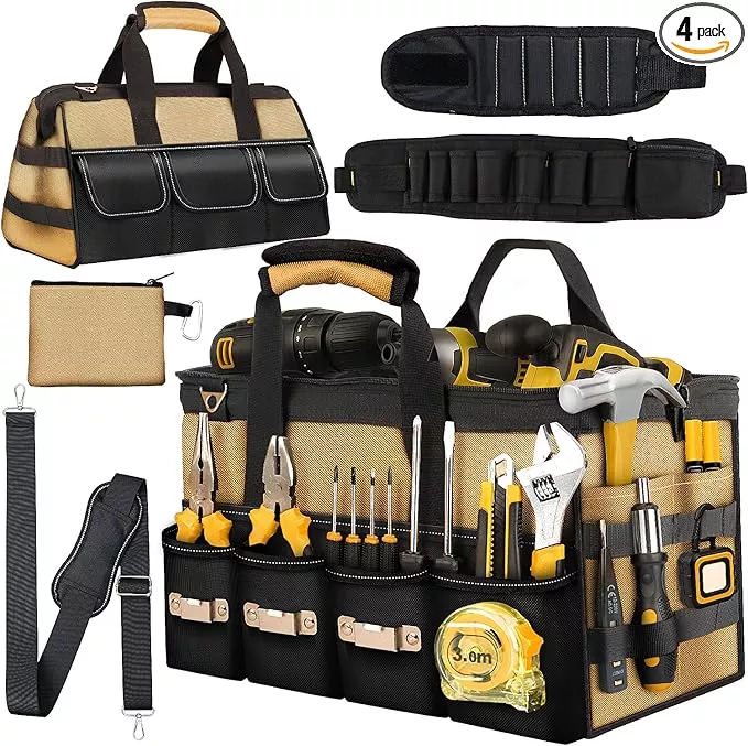 15 Inch Heavy Duty Tool Bag-48 Pockets,1680D Tear&Abrasion Resistant,Includes Tool Pouch,Tool Belt,Magnetic Wristband&Adjustable Shoulder Strap | Tool Organizer(Brown)