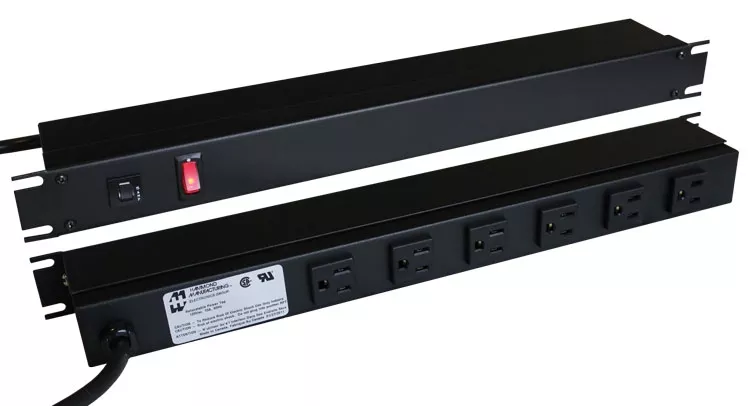19" Rack Mount Outlet Strip, 15A, 8 Outlets, 6 ft cord, Black, On/Off Rocker Switch