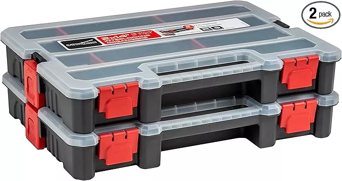 2-Pack Small Parts Organizer Box – Stackable Hardware Storage Organizer Case with 20 Compartments & Dividers – Screw, Nut, Bolt, Drill Bit Organizer for Garage, Workshop, Crafts