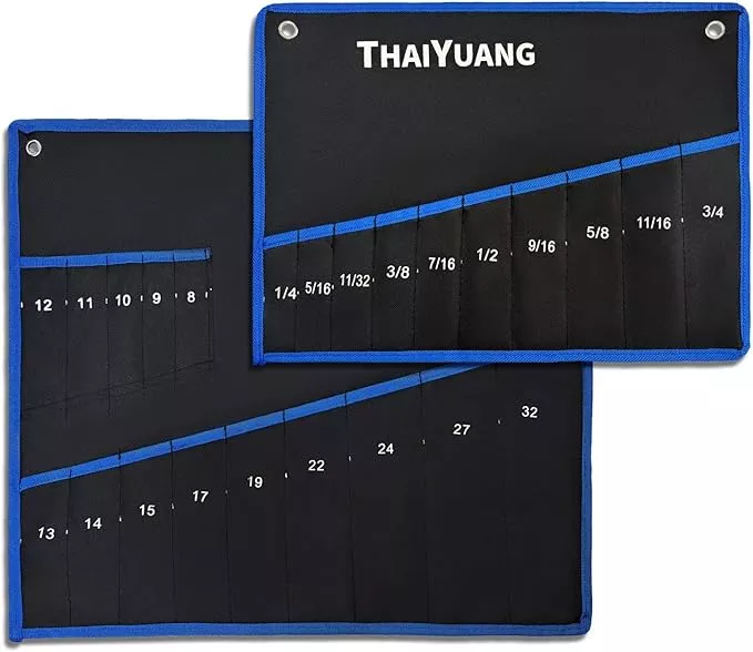 2 Piece Tools Wrench Roll Up Pouch - Wrench Organizer Roll & Wrench Storage Pouch With SAE & Metric Labels (14 pockets+10 pockets)