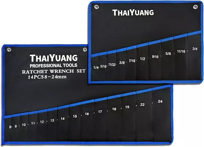 2-Pieces Wrench Roll Up Pouch, Heavy Duty Canvas Tool Bag Tool Organizer Bag 14pockets Metric+ 10pockets SAE (Not Including Wrench)