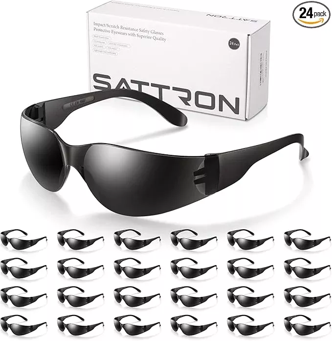 24 Pack of Tinted Safety Glasses (Protective Safety Sunglasses) Ploycarbonate Dark Smoke Lenses for UV Protection, Scratch & Impact Resistant, Perfect for Construction, Outdoor Work, Shooting and More