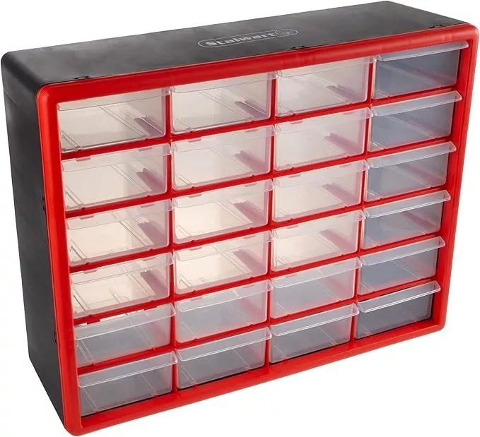 24 Plastic Drawers Organizer - Compartment Storage - Desktop and Wall Mount Container for Hardware, Parts, Crafts, Beads, and Tools by Stalwart (Red)