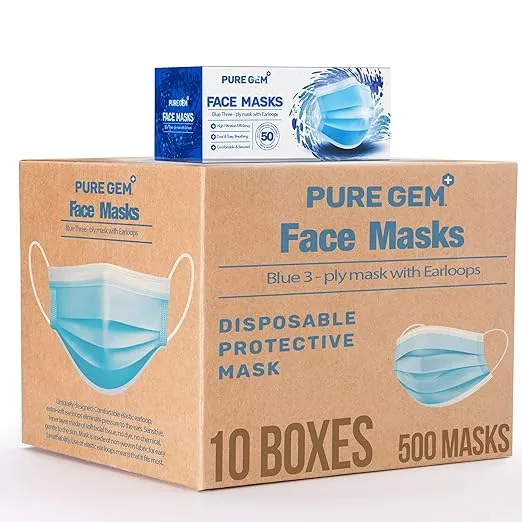 3-Ply Disposable Face Masks, Soft on Skin, Pack of Blue Masks with Elastic Earloops (500 Masks)