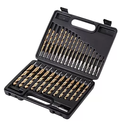 30 PCS Titanium Impact Drill Bit Set, Hex Shank Drill Bit Set for Wood, Steel, Metal, and Plastic with Quick Change Design, HSS Titanium Twist Drill Bit with Storage Case, 5/64" to 1/2"