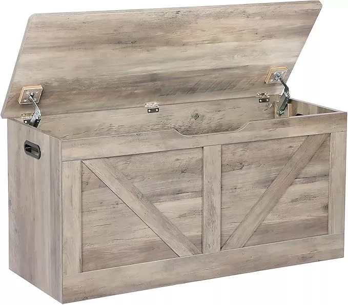 39.4" Storage Chest, Wooden Storage Bench, Large Storage Trunk with 2 Safety Hinges, Entryway Shoes Bench for Living Room, Bedroom, White