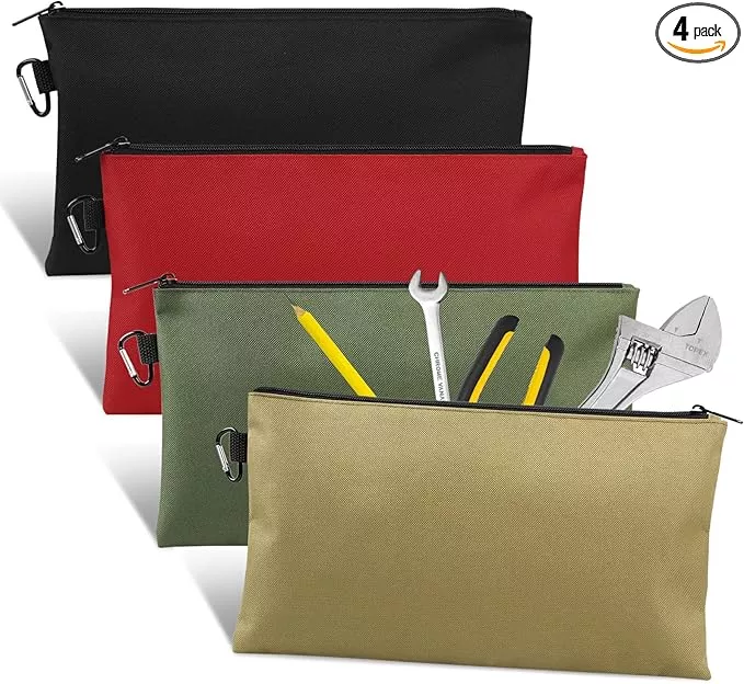 4 Pack Tool Bag, Premium Tool Pouch Zipper Bag, 12" Tool Pouch with Zipper, Multipurpose Storage Pouch with Carabiner for Tools, Stationary, Pencil Pouch, Gadgets, Cosmetics