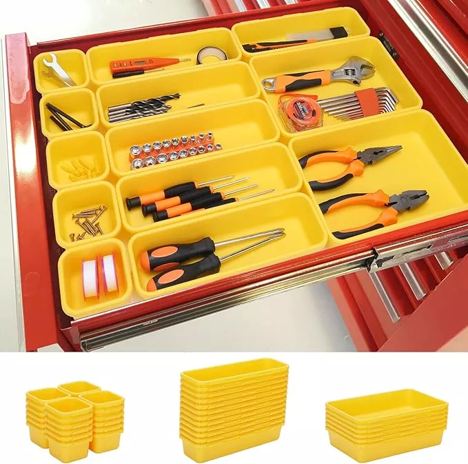 42 Pack Tool Box Organizer Tool Tray Dividers, Rolling Tool Chest Cart Cabinet Workbench Desk Drawer Organization and Storage for Hardware, Parts, Screws, Nuts, Small Tools Organization(Yellow)