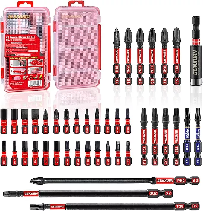 43pieces Screwdriver Bits Set, Impact Magnetic S2 Steel Multi Insert Power Bits Tips with Impact Bit Holder and Two Storage Box（PH/TORX/SQ/PZ/HEX/SL）