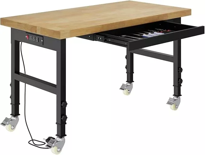 48" Work Bench with Drawers, Adjustable Height Workbench with Wheels, Heavy-Duty Work Table with Power Outlets, 2000 LBS Capacity Workstation for Garage, Workshop, Office, Home
