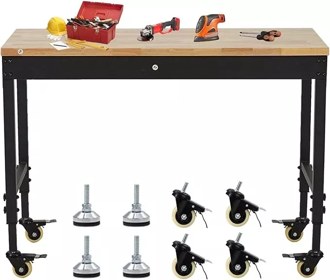 48x24 Inch Heavy-Duty Adjustable Workbench with Rubber Wood Top – 2000LB Capacity Mobile Garage Workstation with Drawer&Backplate, Ideal for Workshop, DIY & Tool Storage