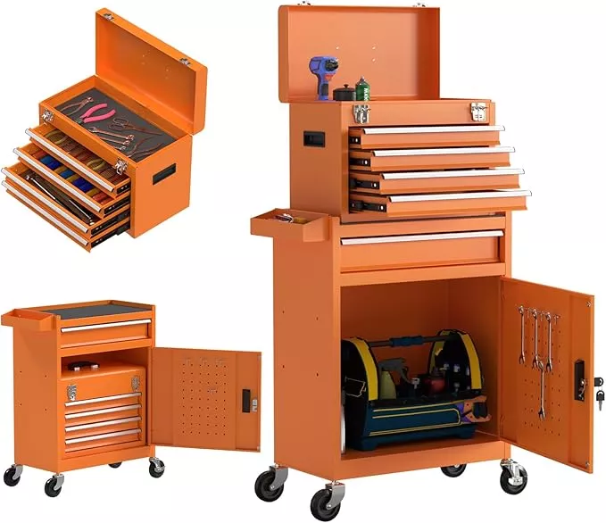 5 Drawer Tools Chest, Tool Cabinet with Universal Lockable Wheels，Tool Box with Detachable Top Box for Workshop (Darkblue)