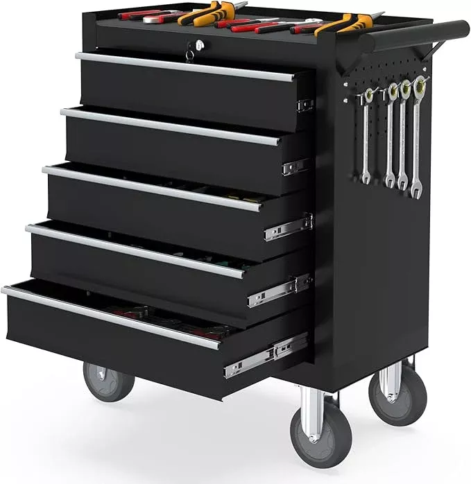 5 Drawers Metal Rolling Tool Chest, Portable Storage Tool Box with Wheels, Toolbox with Lock for Warehouse, Garage, Repair Shop and Tool Room
