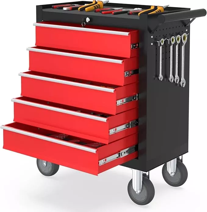 5 Drawers Rolling Tool Chest, Portable Storage Tool Box with Wheels, Rolling Tool Box with Lock for Warehouse, Garage, Repair Shop and Tool Room