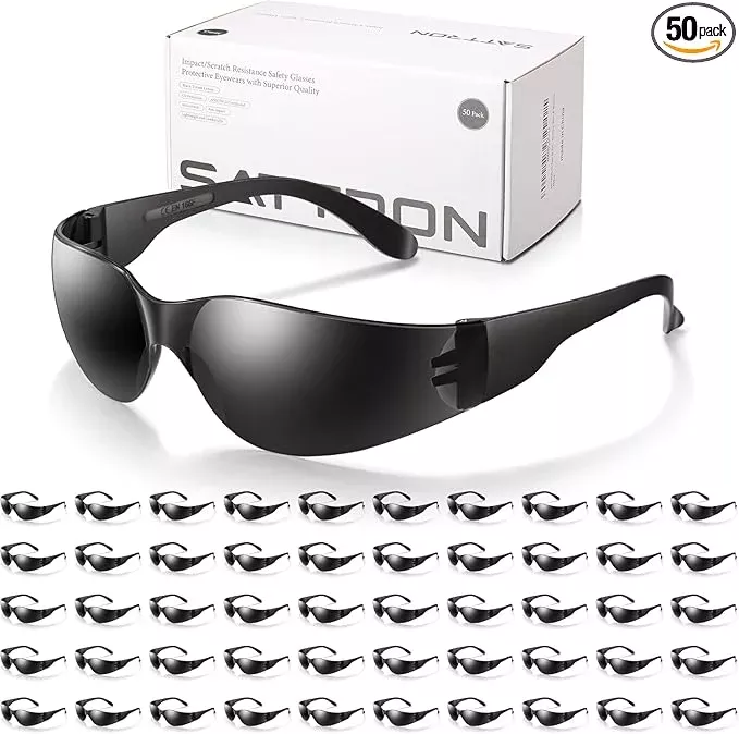 50 Pack of Tinted Safety Glasses, Scratch & Impact Resistant Protective Eyewear, Dark Lenses for UV Protection, Safety Sunglasses for Construction, Outdoor Work & Shooting