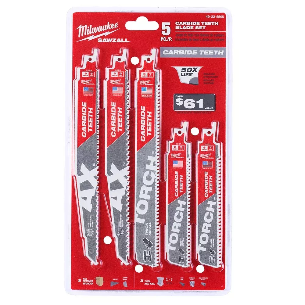 5PC Wood and Metal Cutting Carbide Teeth SAWZALL Blade Set