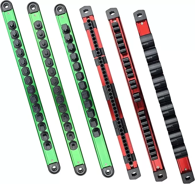 6-Piece Magnetic Socket Organizer Set, Holds Screwdrivers, Wrenches & Sockets, Rail System with Removable End Caps, for 1/4, 3/8, 1/2 Inch Drive Sockets, Tool Organization (Green & Red)