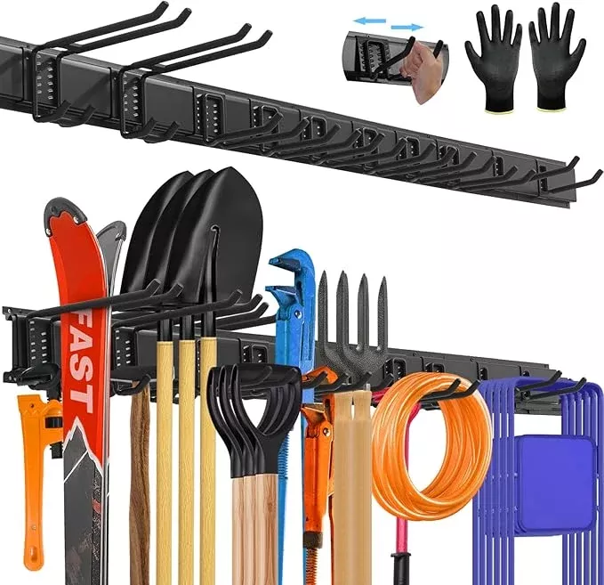 64'' All-Metal Garage Tool Organizer Wall Mount – Heavy-Duty Tool Rack Holds 680 lbs, Adjustable Hooks for Garage, Yard, and Garden Equipment