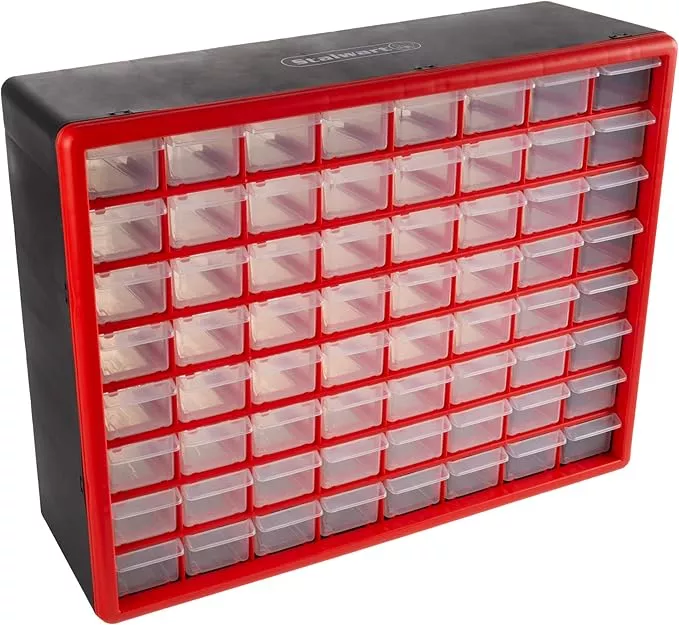 64-Drawer Storage Organizer - Plastic Drawers for Organization - Desktop or Wall-Mounted Container for Hardware, Tools, and Beads by Stalwart (Red)