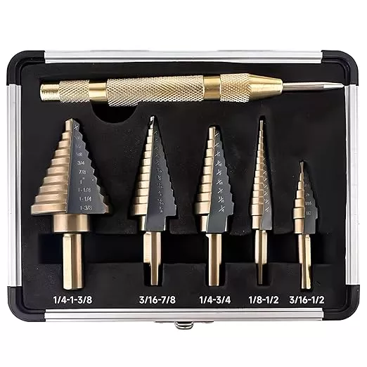 6pcs Step Drill Bits for Metal, Step Drill Bit Set 50 Sizes Tri-Flat Shank HSS Titanium-Coated with Center Punch for Aluminum, Wood, Plastic, with Aluminum Case, from Pro-Edge Technology