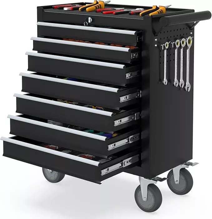 7 Drawers Metal Rolling Tool Chest, Portable Storage Rolling Tool Box, Toolbox on Wheels for Warehouse, Garage, Repair Shop and Tool Room (Black, 7-Drawer)