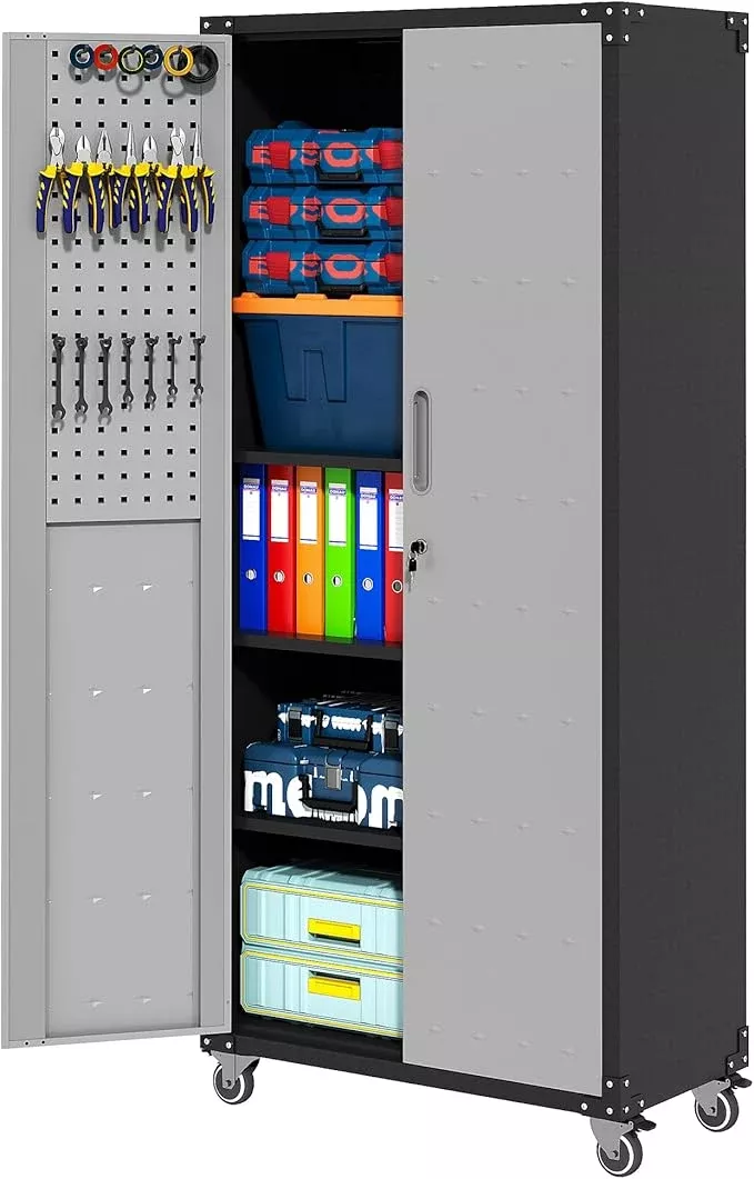 71'' Garage Storage Cabinet on Wheels Metal Tool Cabinets with Locking Doors and 3 Adjustable Shelves,Heavy Duty Tall Rolling Steel Cabinets for Garage Warehouse Basement Office