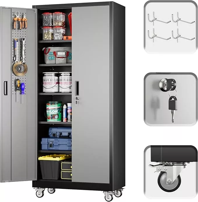 71"H×32"W×16"D Garage Storage Cabinet with Wheels & Pegboard, Locking Metal Storage Cabinet with Doors and 5 Adjustable Shelves & & 4 Hooks for Garage Warehouse Home Office, Black and Silvery