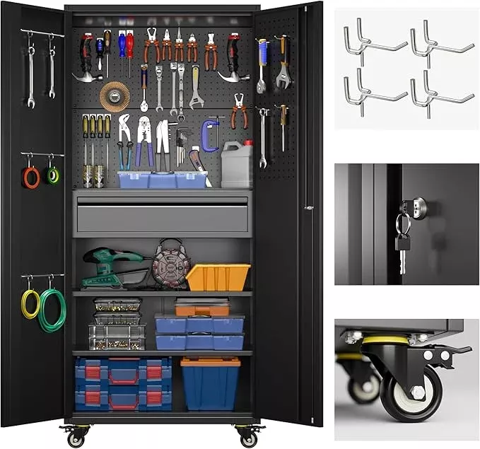 71" H Metal Garage Storage Cabinet with Locking Doors and 2 Adjustable Shelves, Rolling Tool Storage Cabinet with Wheels, Drawer, Pegboard and 16 Hooks for Garage, Warehouse, Black