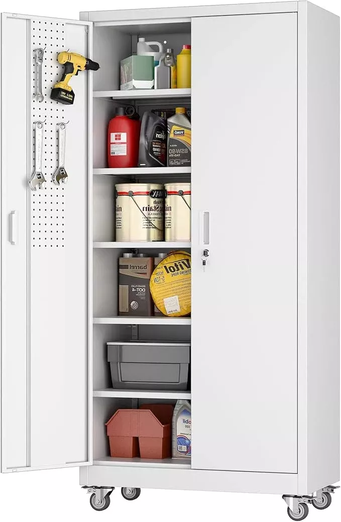 71" Metal Storage Cabinet with Wheels and Pegboard, Lockable Rolling Steel Storage Cabinet with 5 Adjustable Shelves and Door for Garage, Office, Kitchen, Assembly Required,Black