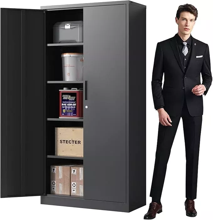 72'' Garage Storage Cabinet, Lockable Storage Cabinet with Adjustable Shelves, Steel Tool Cabinets for Home, Office, Garage, Require Assembly, Black