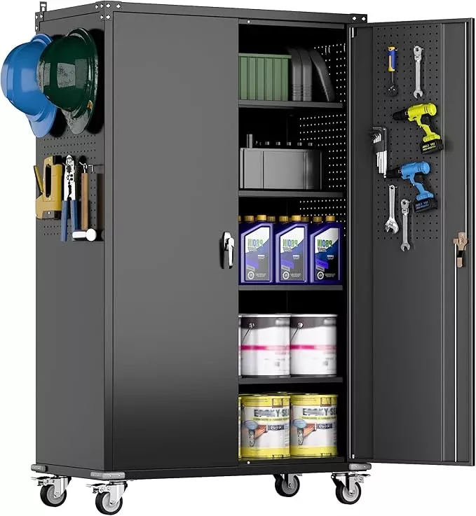 72" H Wide and Deep Garage Storage Cabinet with Wheels & Pegboard, Large Locking Metal Storage Cabinet with 2 Doors and 4 Adjustable Shelves for Garage, Home, Assembly Required, Black