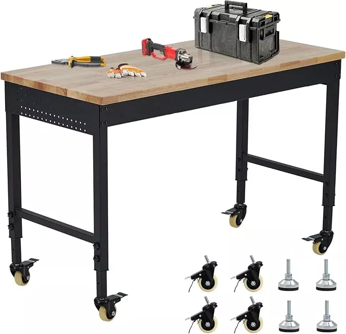 72" x 25" Heavy-Duty Adjustable Workbench with Power Outlets - 2000LB Capacity Garage Workbench, Rubberwood Top, Locking Wheels, Mobile Workstation for Workshop, Office & Home