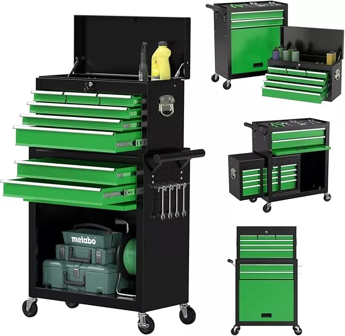 8 Drawer Tools Chest,42.9 inch Tool Cabinet with Universal Lockable Wheels，Organizable Tool Box with Detachable Top Box for Workshop，Blue
