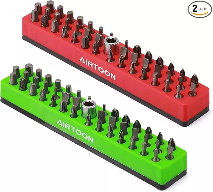 AIRTOON 2PCS 1/4" Magnetic Hex Bit Holder, 43 Holes Bit Storage with Strong Magnetic Base, Magnetic Screwdriver Bit Organizer, Red and Green