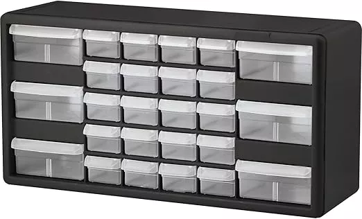 Akro-Mils 26-Drawer Plastic Drawer Storage Cabinet for Garage Organization, Bead Organizer, Building Bricks Storage, Teacher Toolbox, Makeup Organizer, 20-Inch W x 6-Inch D x 10-Inch H, 10126 Red
