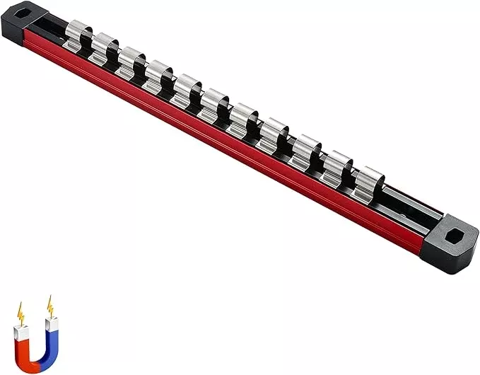 ALOANES 1/2-Inch Drive Magnetic Socket Organizer, Heavy Duty Aluminum Socket Rail Organizer, 360° Swivel Clips Socket Holder Kit for Tool Box, 1/2-Inch Socket Holder x 12 Clips (Orange)