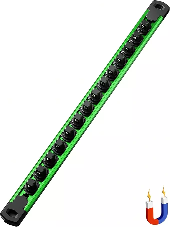 ALOANES 3/8-Inch Drive Magnetic Socket Organizer, Heavy Duty Aluminum Rail Organizer, 360 Swivel Clips Socket Holder Kit for Tool Box, 14 Clips (Green)