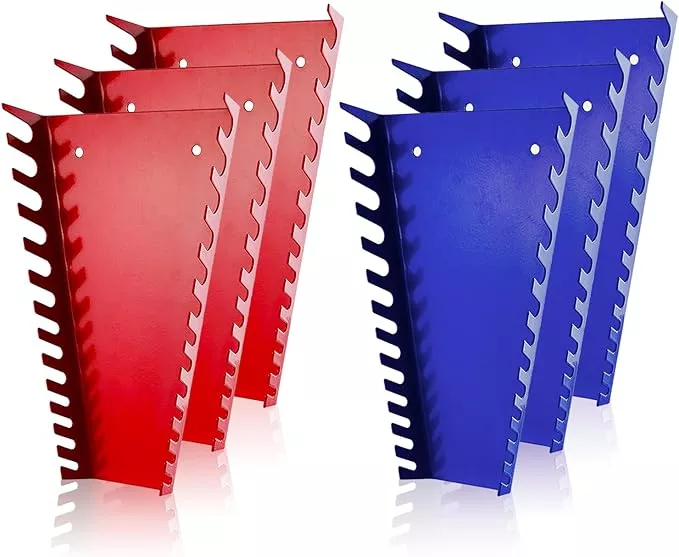 ALOANES 78-Slot Metal Wrench Organizer, Heavy Duty Wrench Organizer Tray for Tool Box, Professional Fit SAE & Metric Wrench Storage, 6 Pack Wrench Holders(Red&Blue)