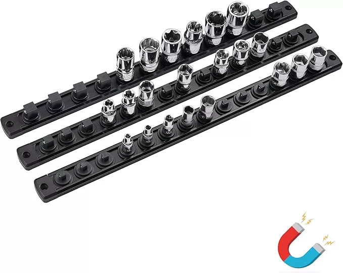 ALOANES Magnetic Socket Organizer Set, 3-Piece Heavy Duty Aluminum Socket Holder Socket Rail Organizer for Tool Box, 360°Swivel Clips Socket Rack 1/4, 3/8, 1/2-Inch x 40 Clips (Black)