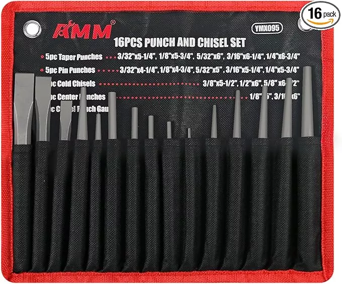 AMM 16PCS Punch and Chisel Set, including Taper Punch, Cold Chisels, Pin Punch and Center Punch, Cr-V for Working with Wood, Metal, Automotive