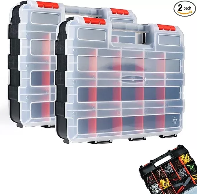 AMM Tool Box, Double Side Tool Box Organizer with 34 Compartments, Removable Dividers, Tackle Box Small Parts Screw Hardware Organizer for Screws, Nuts, Nails and Bolts (1 Piece, Red)