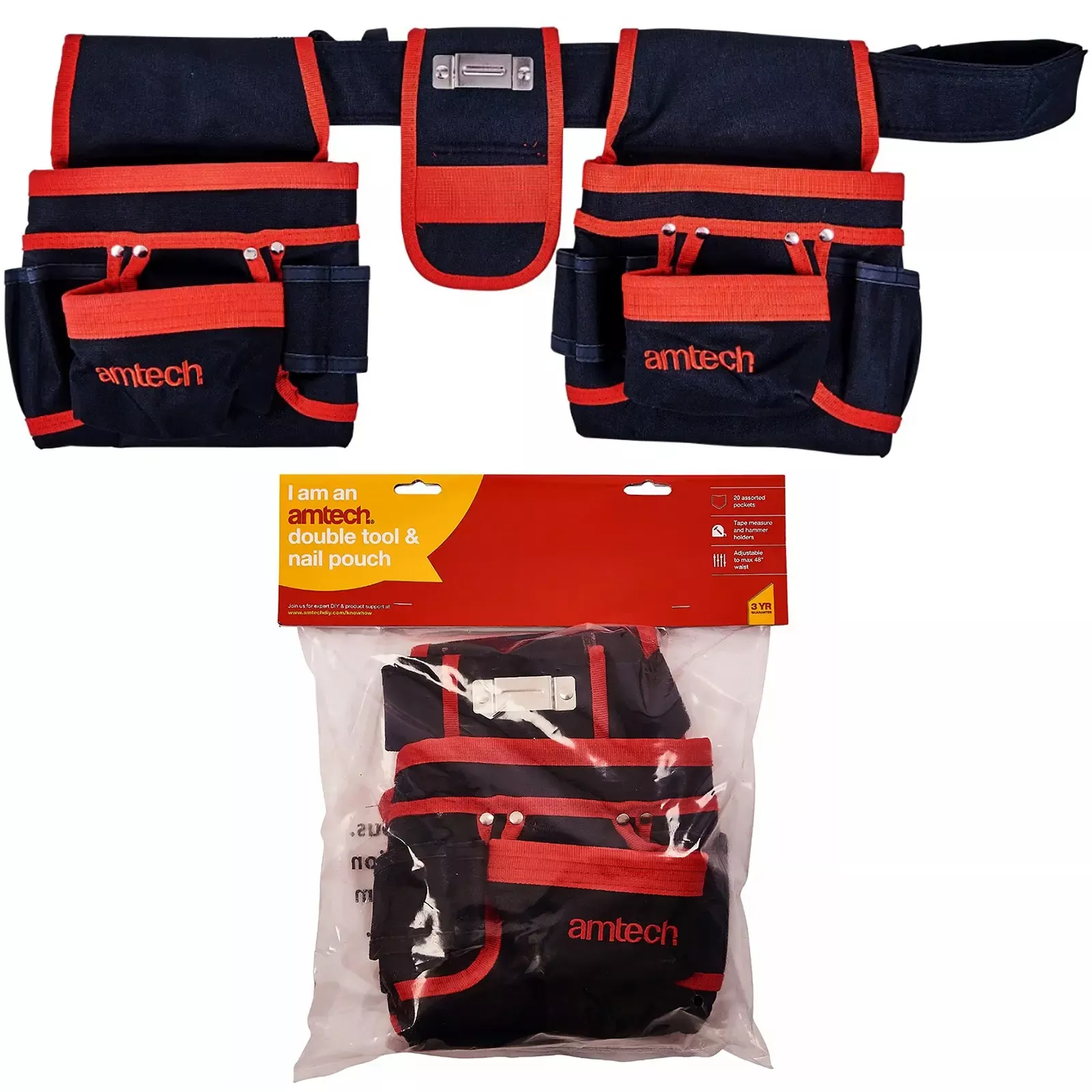 Amtech 20 Pocket Double Tool Belt Nail Pouch Hammer Loop
