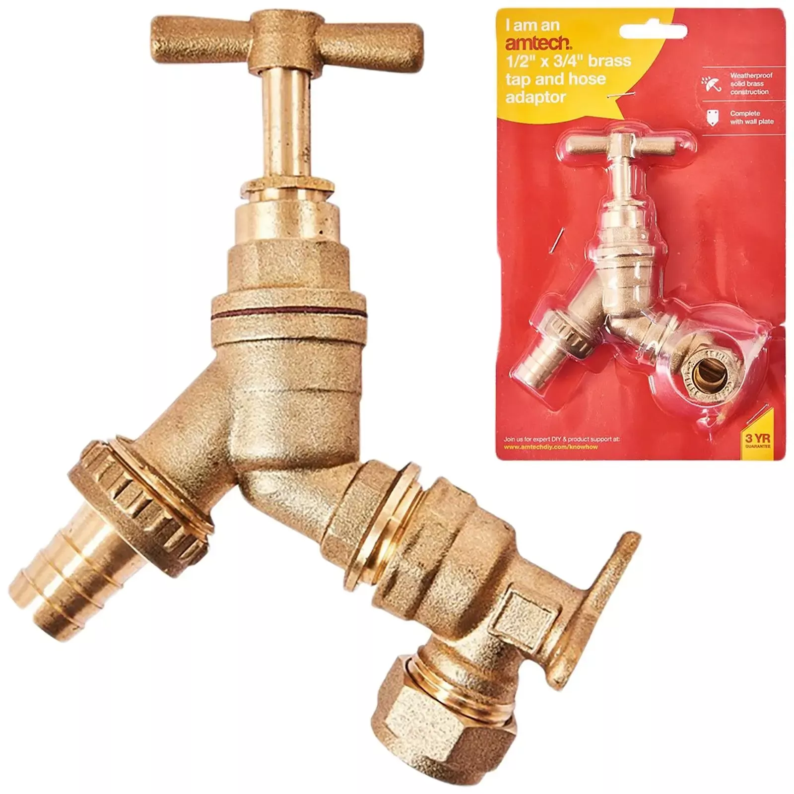 Amtech Outside Brass Tap and Hose Adaptor 1/2" x 3/4