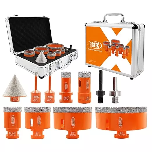 BGTEC Diamond Core Drill Bits-11PCS 5/8-11 Thread Tile Hole Saw 6/6/20/25/35/50/75/100mm+50mm Beveling Chamfer Bit+SDS/HEX Adapter for Pocelian Tile Ceramic Marble Granite Stoneware