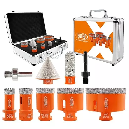 BGTEC Diamond Core Drill Bits-9PCS 5/8-11 Thread Tile Hole Saw 20/25/35/50/75mm+50mm Beveling Chamfer Bit+20mm Finger Bit+SDS/HEX Adapter for Pocelian Tile Ceramic Marble Granite Stoneware